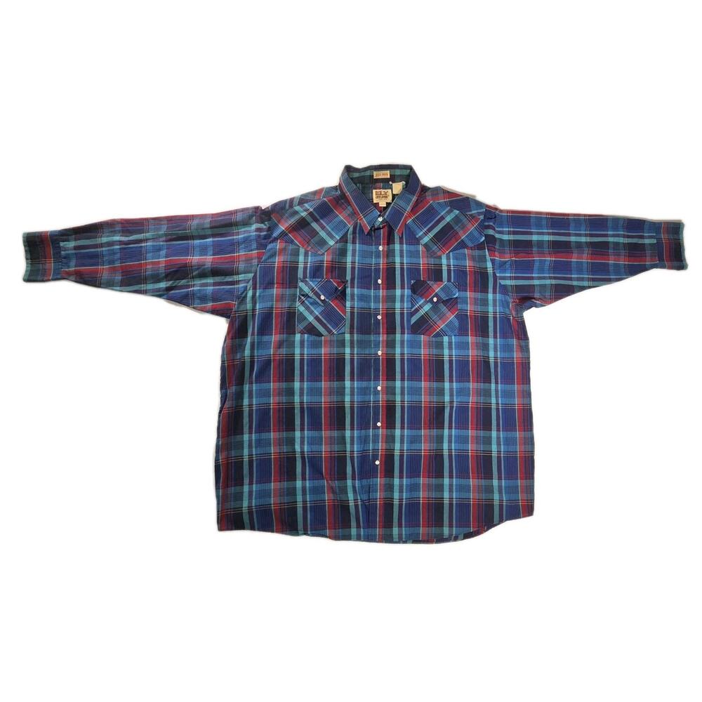 ELY Cattleman Big Man Long Sleeve Pearl Snap Blue, Red, Black Plaid Size 3X Big